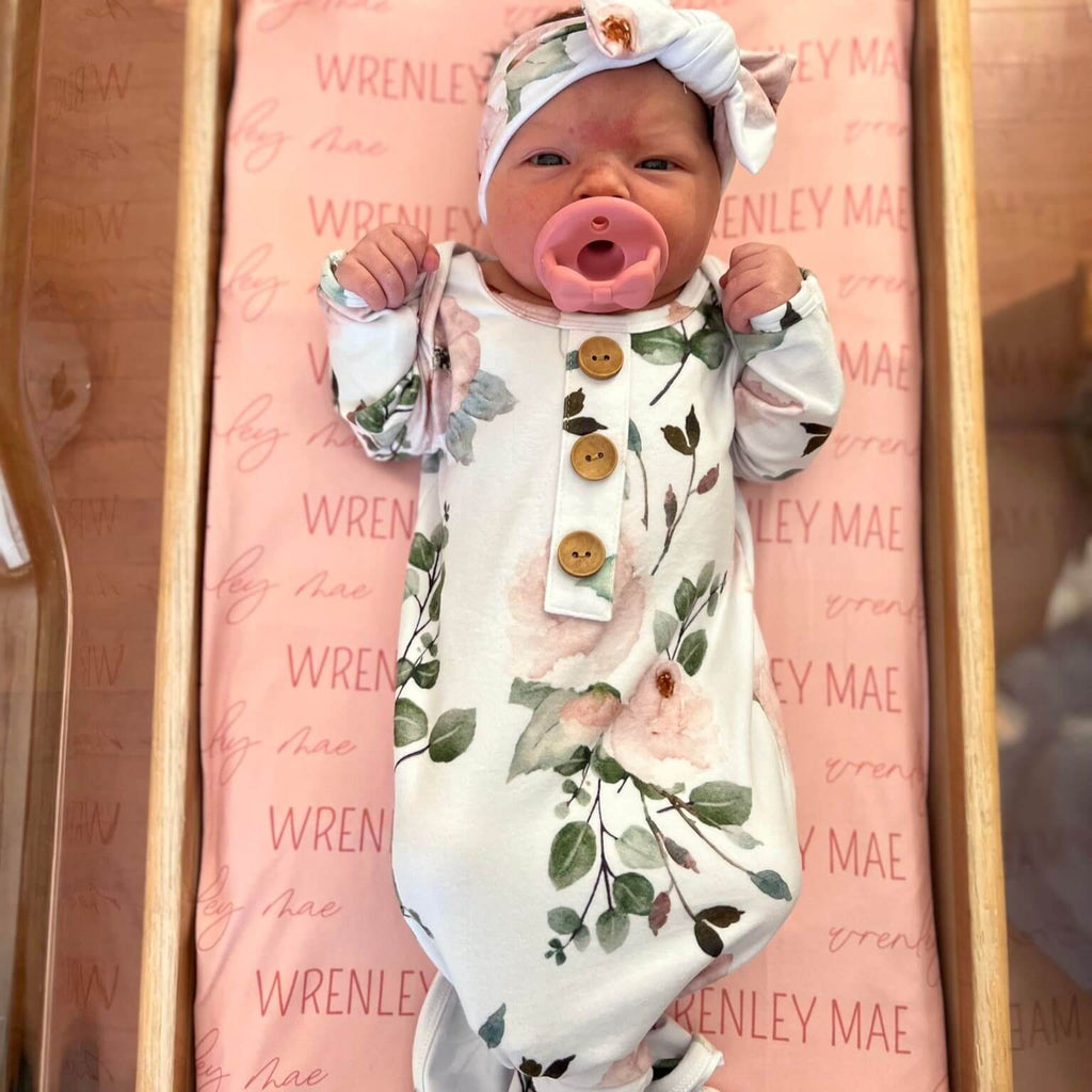 Millie's Dusty Rose Garden Newborn Baby Knot Gown & Hat Set